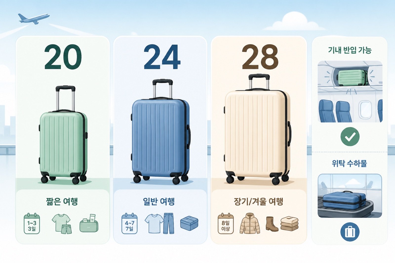 20인치 24인치 28인치 이상 여행 캐리어의 여행 상황별 비교