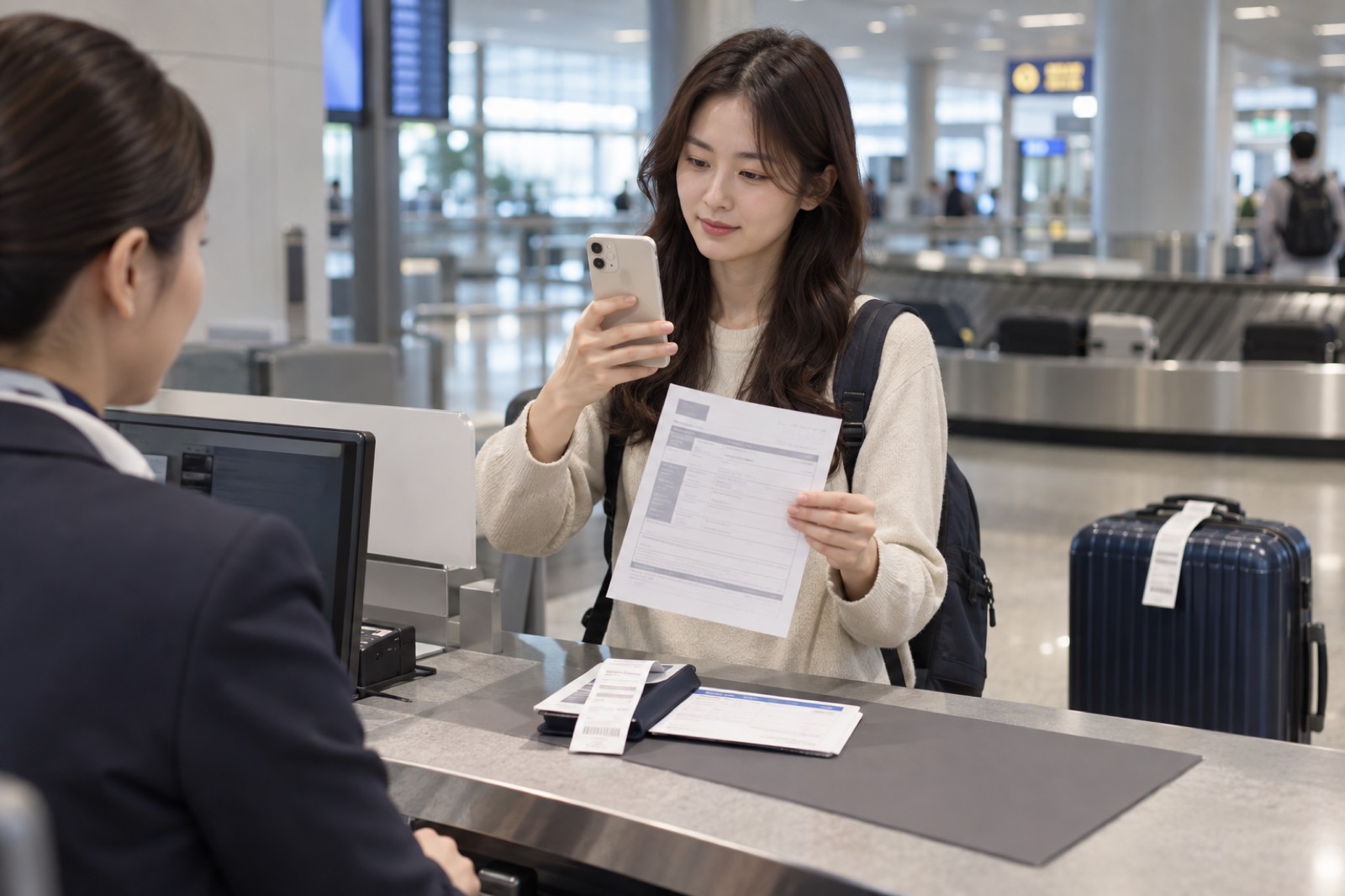공항 수하물 서비스 데스크에서 여행자 보험사에 제출할 증빙 서류를 확인하는 여행자